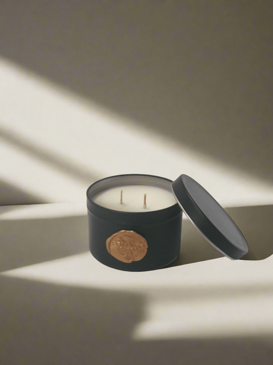 Seasonal fall candle in a black tin by Primavera Candle